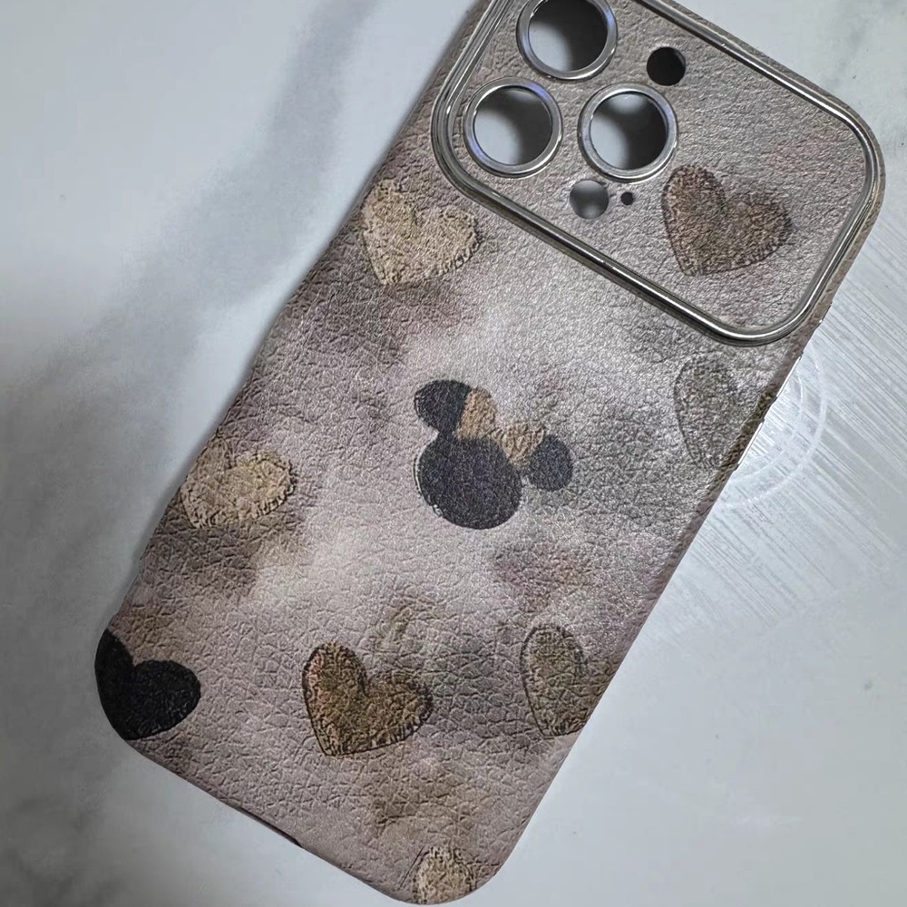 Cute Heart & Character Leather-Texture Phone Case in Taupe Pink